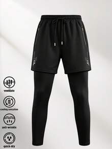 2-In-1 Men's Sports Running Pants, Black Compression Training Trousers With Zipper Pockets And Drawstring Waist, Suitable For Workout And Jogging - Black - View 4