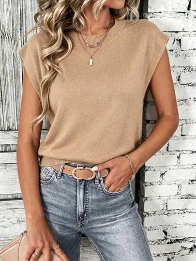Plus Size Women's Solid Color Round Neck Casual Loose Knit Vest