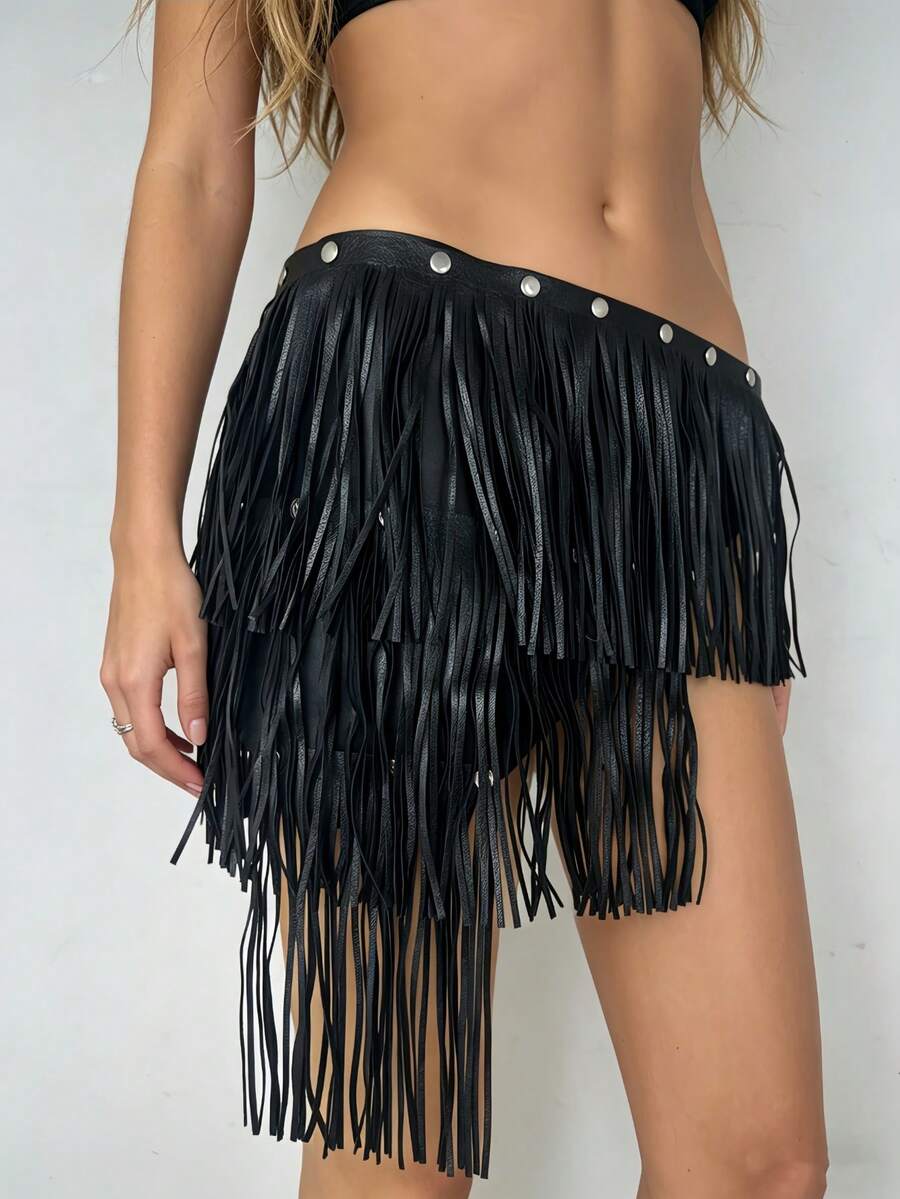 1pc 3-Layer Tassel Rivet Punk Rock Waist Belt, Fashionable Stage Performance Accessory