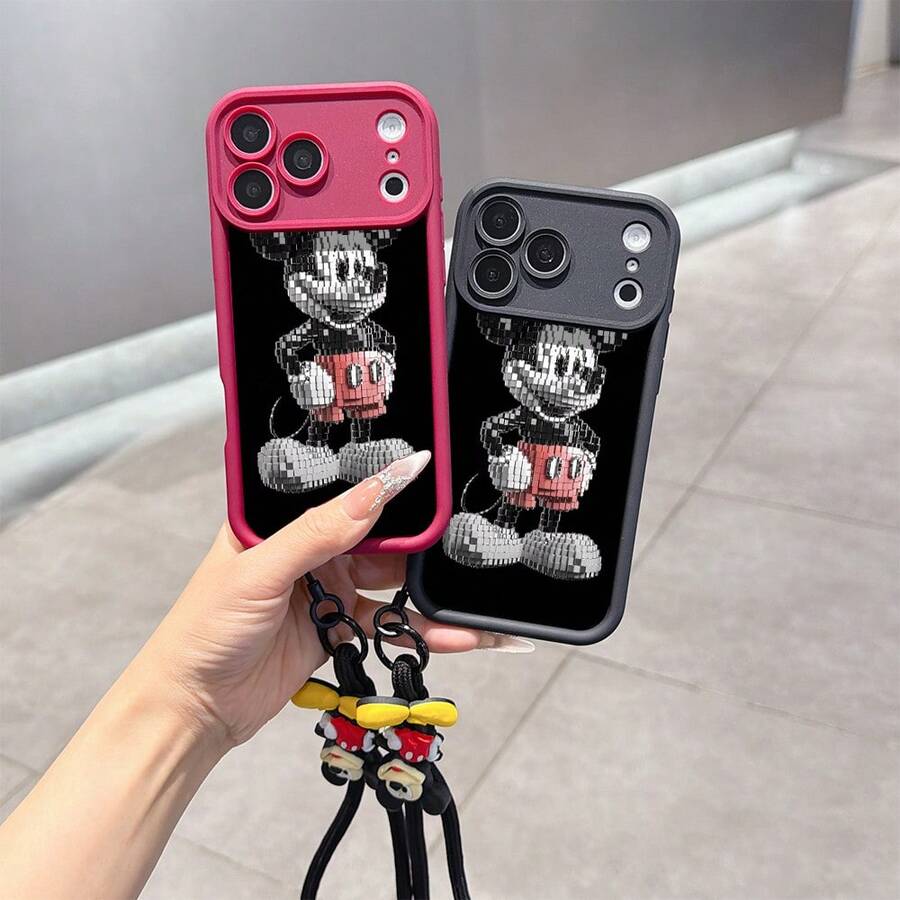 Disney Mickey Mouse Phone Case, Pixel Art Stylized Mickey Character Pattern Protective Soft Cover With Exclusive Mickey Cartoon Pendant Braided Lanyard, All-Inclusive Anti-Drop Shell For IPhone 17, 16, 15, 14, 13, 12, And 11 Pro,Galaxy S22 ,S23,S24,S25 Models. Made Of Durable TPU With Shockproof Protection. A Fun Gift For Family, Friends, Birthdays, Holidays, And Special Occasions. - màu đen - Xem 1