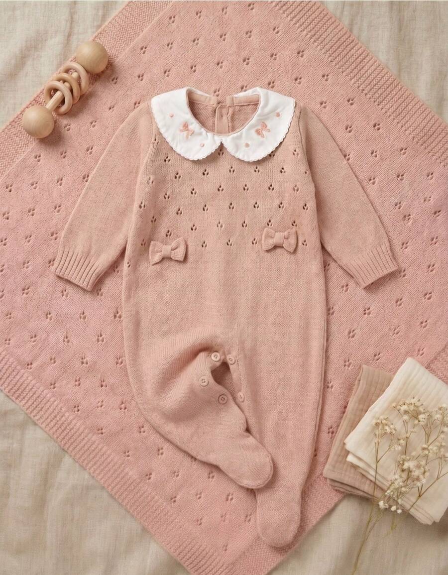 Luxury Knitted Baby Girl's Going-Home Outfit - Jumpsuit And Blanket - Rusty Rose - View 1