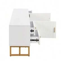 TV Unit, Low Panel With Textured Door, TV Unit With Drawers, Gold Handles And Gold Legs. - White - View 9