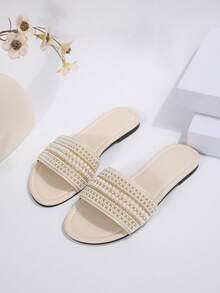 Sandal đế bằng nữ cỡ lớn, màu trơn, chất liệu da microfiber, đính ngọc trai, kiểu dáng mùa hè mới. - màu trắng nhạt - Xem 17