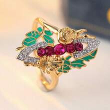 Vintage Gold Enamel Floral Ring, Inlaid Colorful Synthetic Zirconia, Pastoral Style Personalized Ring For Women - Gold - View 5