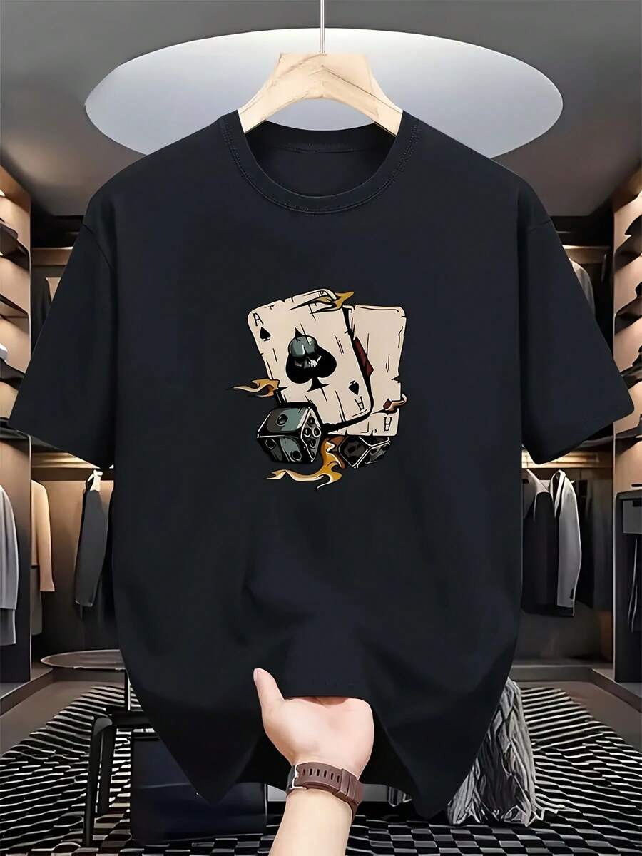 Camiseta de Verano Casual de Manga Corta para Hombre con Estampado en el Pecho y la Espalda - Cuello Redondo Ajuste Regular Esencial de Verano, Ropa Casual Elegante para Playa, Oficina y Atuendos Diarios - Top Versátil Liso o Estampado para Capas (Lavado a Mano/Limpieza en Seco) - Hombre - Negro - Ver 1