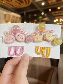 5pcs Girls Cute Versatile Cartoon Rabbit, Heart, Cherry Elastic Hair Ties, Hair Scrunchies - Multicolor - View 4
