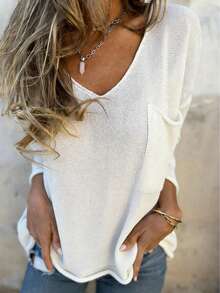 Women's Solid Color V-Neck Knit Pullover Sweater, Loose Casual Top For Spring And Summer, Polyester Material With Pockets White - White - View 3