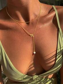 1条双层十字架仿珍珠Y形项链，优雅流苏吊坠项链，适合女性日常佩戴和参加派对，精美礼品 - 金色 - 查看 8