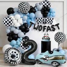 This 145-Piece Racing-Themed Birthday Decoration Set Includes A Blue-Black Racing Balloon Arch, 3D Racing Tires, Flags, And Checkered Foil Balloons. It Is Suitable For Car-Themed Birthday Parties, Gender Reveal Parties, Babyshowers, And Racing Event Decorations. - View 1