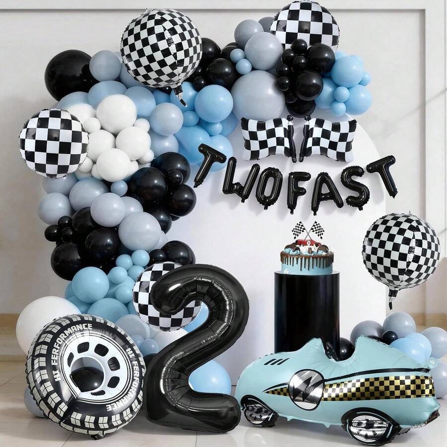 This 145-Piece Racing-Themed Birthday Decoration Set Includes A Blue-Black Racing Balloon Arch, 3D Racing Tires, Flags, And Checkered Foil Balloons. It Is Suitable For Car-Themed Birthday Parties, Gender Reveal Parties, Babyshowers, And Racing Event Decorations. - View 1