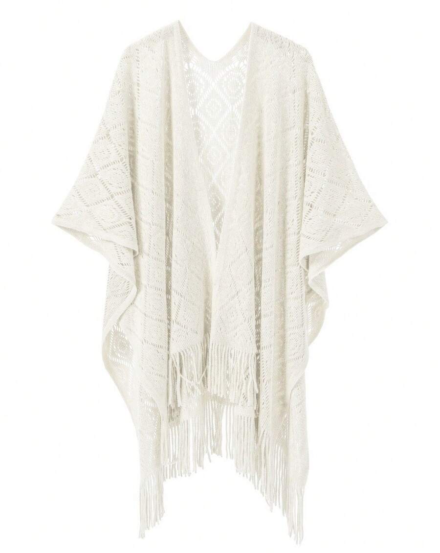 New Spring, Summer, And Autumn Women's Solid Color Fringed Thin Knitted Hollow-Out Shawl