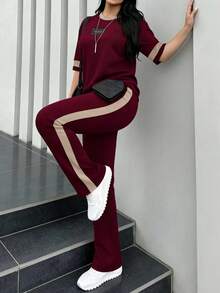 Bộ đồ nữ mới gồm áo thun cổ tròn tay ngắn và quần ống rộng cạp chun, kiểu dáng thường ngày, thích hợp cho mùa xuân/thu/hè. - Rượu vang Burgundy 63+ Quả mơ - Xem 5
