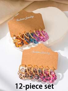 6-12pcs Vintage Leopard Print & Hollow Flower Design Earrings, Printed Resin Flower Gold Hoop Earrings, Suitable For Women's Daily Wear, Travel & Holiday - Multicolor - View 9