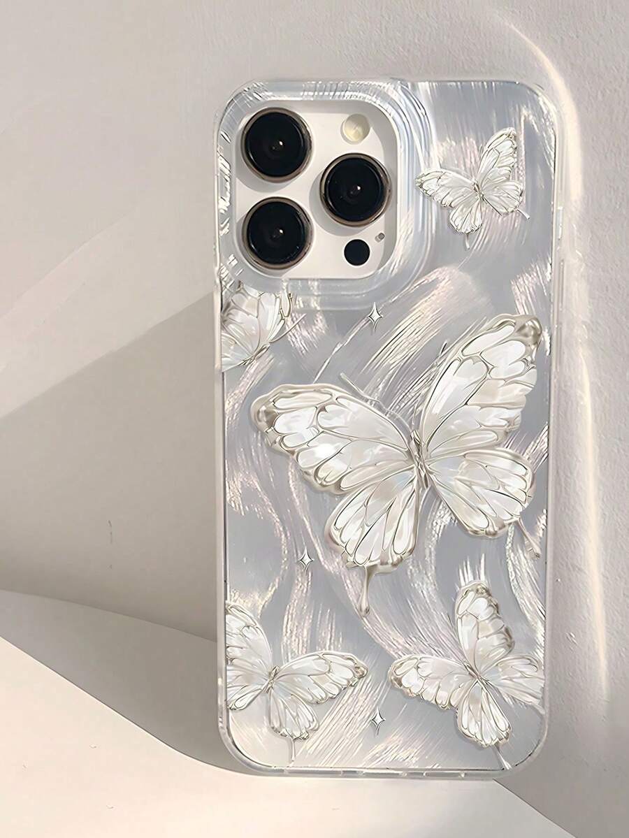 1个银色蝴蝶2D印花图案美观羽毛纱线激光防水防指纹防刮透明IMD软面光滑手机壳，兼容 16 Pro Max/16/16 Pro/16 Plus/15/15 Pro Max/15 Pro/11/12/14 Pro Max/11 Pro Max/12 Pro/12 Pro Max/13 Pro/13 Pro Max/14 Pro - 彩色 - 查看 1
