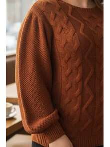 Plus Size Winter Puff Sleeve Knitted Blouse - Size G2 (EXL) - Rust - View 2