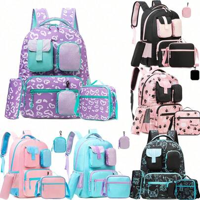 3pcs/Set Backpack Set, Unisex For Kids, Including Sling Bag And Pencil Case, Suitable For Elementary School Students