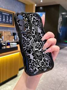 1pc Ball Texture Black Flower Camera Shockproof Phone Case, UV Printed Wavy Design Compatible With Apple/Galaxy//// - Black - View 8