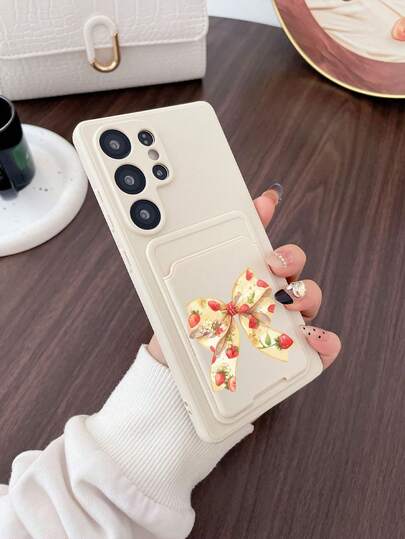 1pc White TPU Minimalist Solid Color 2-In-1 Card Holder Case With Strawberry Print & Bow Decor, Anti-Drop, Anti-Slip, Full Coverage Phone Case For Apple/Android Phones