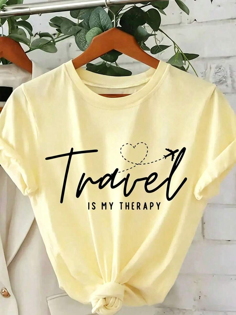Women's Cotton T-Shirt, "Travel Is My Relax" Letter,Airplane & Heart Print,Apricot Loose Round Neck Short Sleeve Tee,Breathable For Summer Daily Wear - 杏色 - 查看 1