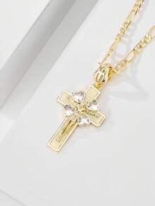 1 pièce Bracelet croix catholique vintage en zircone pour femmes, élaboré en cuivre plaqué or 14 carats, délicatement incrusté de zircone brillante, texture vintage sacrée et élégante, spécialement conçu pour la première communion catholique, convient pour le port quotidien, les cultes et les cérémonies religieuses, un bijou commémoratif pour femmes alliant foi et beauté - Or jaune - Voir 4