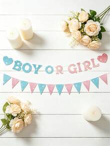 1/2件裝粉藍性別揭曉裝飾橫幅，附亮面「Boy Or Girl」文字與愛心裝飾，適用派對、男孩/女孩公告、入口/房間裝飾、嬰兒洗禮裝飾 - 彩色 - 查看 6