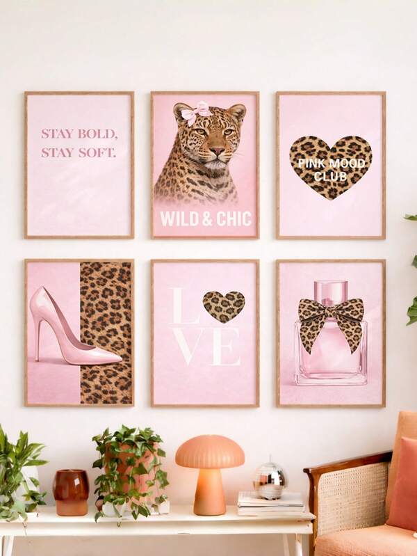 1pc Unframed, Collection Pink Leopard Canvas Prints For Fashionable Wall Art, Wild Chic Decor For Girls' Rooms, Featuring High Heels, Perfume, And Animal Patterns In A Minimalist Modern Style For Bedrooms
