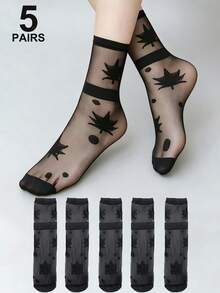5 Pairs Maple Leaf Print Sheer Ankle Socks, Thin Breathable Transparent Mid-Calf Socks, Versatile Commuter Style Transparent Crystal Stockings For Summer - Black - View 1