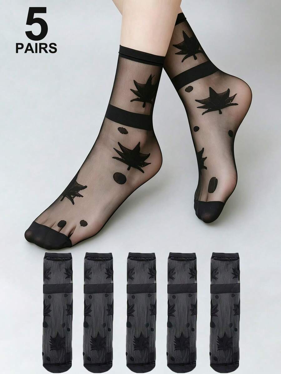 5 Pairs Maple Leaf Print Sheer Ankle Socks, Thin Breathable Transparent Mid-Calf Socks, Versatile Commuter Style Transparent Crystal Stockings For Summer - Black - View 1