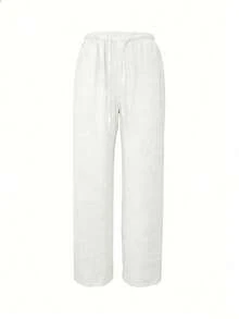 Women's White Wide Leg Pants, Elastic Waist Drawstring, Loose Relaxed Fit, Lightweight Breathable Casual Trousers, Summer Spring - 米白色 - 查看 2