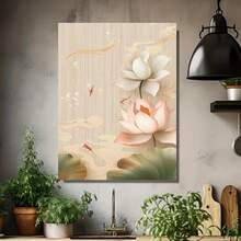 Pintura en lienzo 2D plana, sin marco, arte de pared único estilo loto y hojas, dorado - Lienzo envuelto minimalista moderno, decoración vertical para colgar, adecuado para sala de estar, dormitorio, oficina - Decoración elegante para el hogar, Día de la Madre, Cumpleaños - Enmarcado - Ver 4