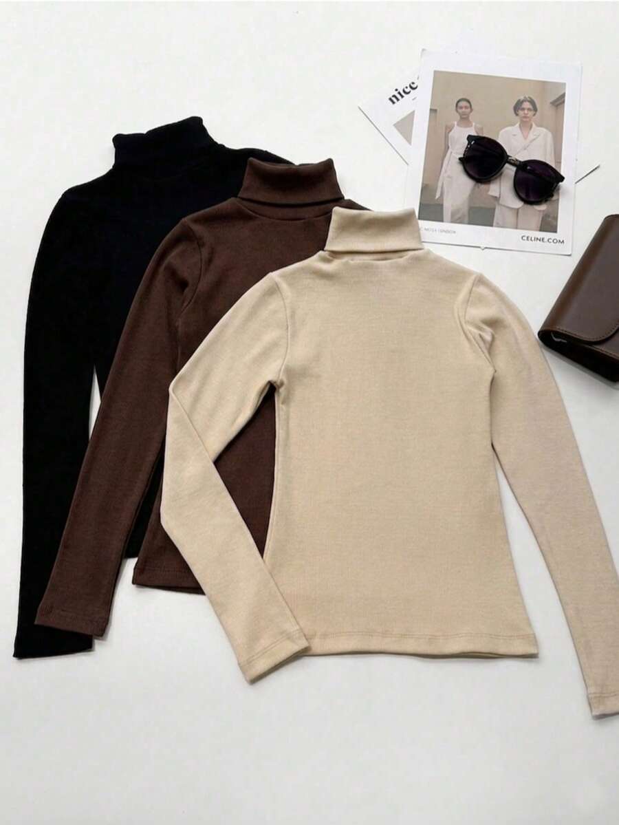 ACME MADE IN CHINA 3-Piece Set Of Basic Long-Sleeved Turtleneck Sweaters For Women's Winter Wear. - Kit 3pcs Cafe/Nude/Preto - 查看 1