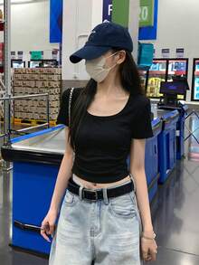 韓式修身U領純色短袖T恤，抓皺設計短版上衣，休閒風 - 黑色 - 查看 4