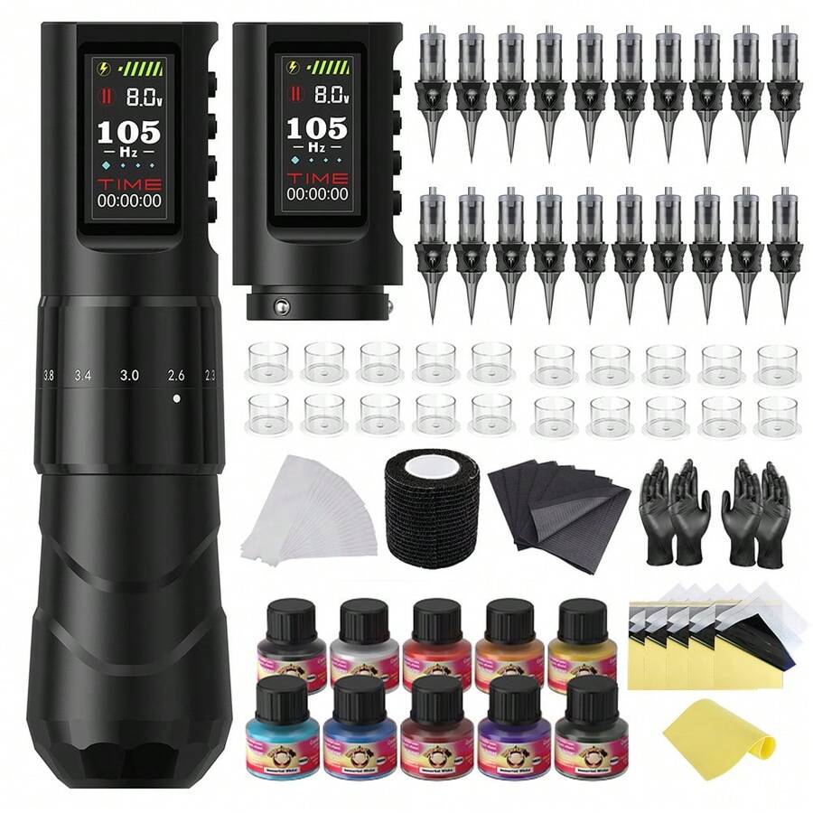 XNET 1Set FIST Wirless Tattoo Machine Pen KIt With 20pcs Tattoo Needles 10Color Ink 2.0-4.2mm Adjustable Stroke 1600mAh Battery For Tattoo Master Tattoo Beginner