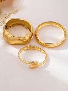 3件套复古夸张圆形设计合金宽手镯套装，适合日常佩戴 - 金色 - 查看 3