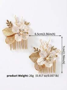 Gold Hollow Out Leaf & Pearl Flower Hair Comb, Elegant Rhinestone Bridal Headpiece For Wedding & Party Vintage Gold Filigree Leaf & 3D Flower Hair Clip, Boho Crystal Wedding Hair Accessory For Bride,Festival,Birthday - Gold - View 6