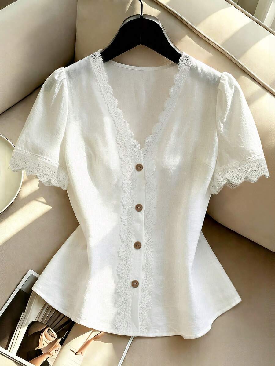 Áo kiểu nữ màu trắng trơn phối ren cổ V tay ngắn phong cách thanh lịch casual cho mùa hè - trắng - Xem 1