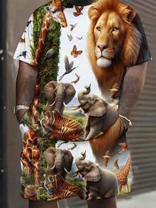 Men'S Short-Sleeve T-Shirt And Shorts Set Featuring A Cool 3D Printed Design With Safari Animals Like Giraffes, Lions, Elephants, Tigers, Butterflies, And Birds. This Stylish And Durable Outfit Is Perfect For Casual Wear And Street Style - Nhiều màu - Xem 4