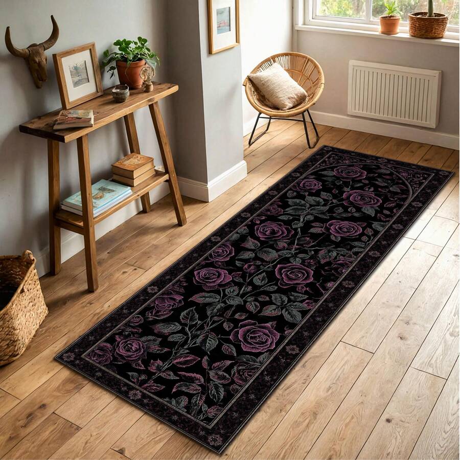 Black Gothic Rose Moon Runner Rug, Celestial Floral Hallway Carpet, Vintage Botanical Starry Decor, Entryway Kitchen Floor Mat Non Slip, Modern Abstract Art Carpet 60*18inch/48*16inch,Stylish And High-Quality Rugs, Perfect For Gifts And Home Decor - 黑色 - 查看 1