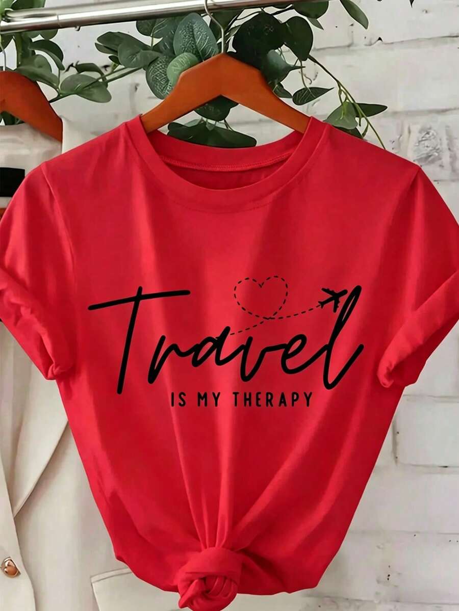 Women's "Travel Is My Relax" Graphic Cotton T-Shirt - Black With White Lettering & Airplane Heart Design, Loose Fit Short Sleeve Round Neck Casual Top For Summer, Breathable Machine-Washable TeeWomen's Valentine's Day Heart Print T-Shirt,Women's Football Print Oversized T-Shirt,Women's Minimalist Geometric T-Shirt - 紅色 - 查看 1