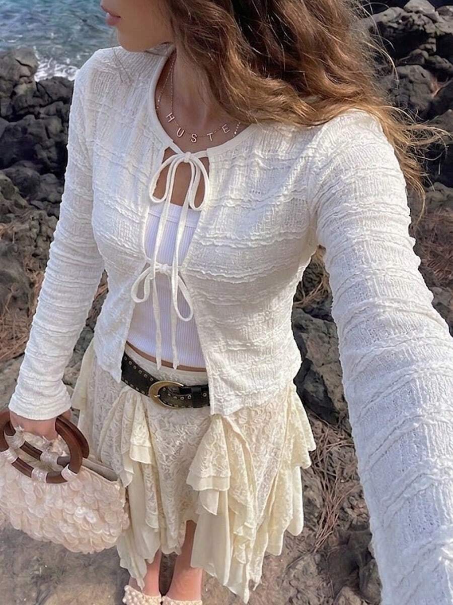 Women's White Textured Tie-Front Long Sleeve Lightweight Knit Cardigan, Suitable For Spring - White - View 1