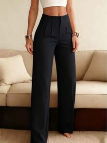 Pantalones rectos de pierna ancha de unicolor para mujer, pantalones casuales de pierna recta, versátiles para diversas ocasiones y para ir al trabajo, color blanco primaveral - Negro - Ver 1