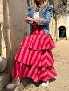 New Elegant Striped Bohemian Layered Skirt, Versatile For Beach, Holiday, Date, Airport, All Seasons Summer - Pink Stripes - View 6