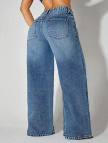 Jeans casuales de cintura baja y pierna ancha de color azul con bolsillos en diagonal, ropa de verano y primavera - Azul marino - Ver 2