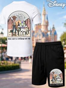 Mens 2PC Outfits Disney Toy Story Officially Licensed, Woody & Buzz Lightyear Graphic Tees, Shorts For Men, Summer Clothes Casual Streetwear T-Shirt & Drawstring Shorts Set - 白色 - 查看 2
