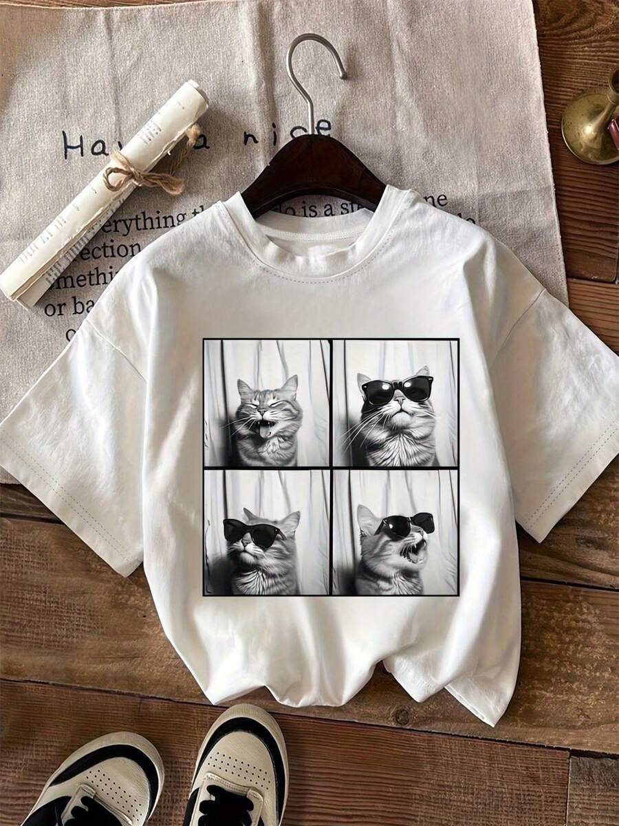 Short-Sleeved T-Shirt With Cat Print - 白色 - 查看 1