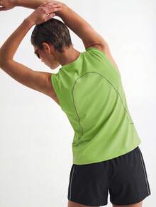 Leorrey 1pc Women's Fashion Contrast Color Round Neck Sleeveless Cover-Up, Suitable For Dance, Yoga, Pilates, Running, Fitness, Hiking, Cycling Sports - Green - View 7