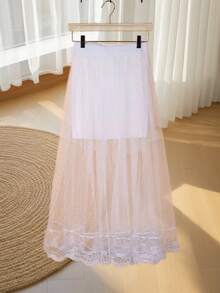 Falda larga de doble capa de encaje para mujer, adecuada para uso diario, vacaciones, citas, fiestas, bodas - Negro - Ver 8