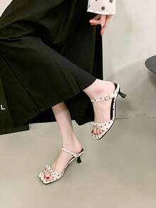 Women's Vintage Polka Dot Satin Mid-Heel Sandals, Square Toe Open Toe With Slim Kitten Heel, Adjustable Ankle Strap, Breathable And Fresh For Summer Wear, Stable And Comfortable Chunky Heel Design, Elegant And Versatile For Daily Outings, Office Commute, Parties And Vacations - Beige - View 5