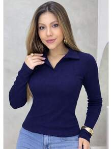 Women's Long-Sleeved Polo Shirt In Ribbed Cotton With V-Neck – Timeless Elegance And Sophisticated Comfort For Autumn/Winter - 藏蓝色 - 查看 1