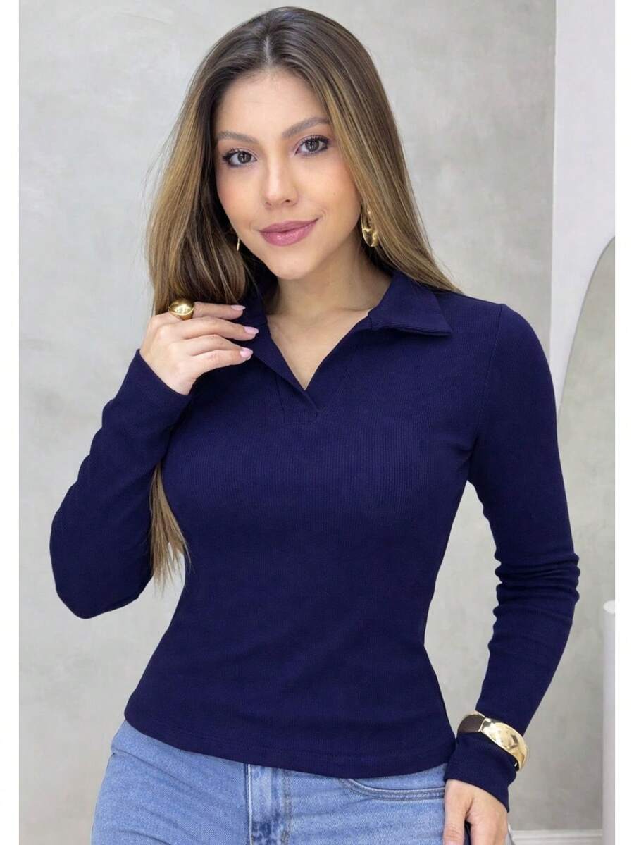Women's Long-Sleeved Polo Shirt In Ribbed Cotton With V-Neck – Timeless Elegance And Sophisticated Comfort For Autumn/Winter - 藏蓝色 - 查看 1